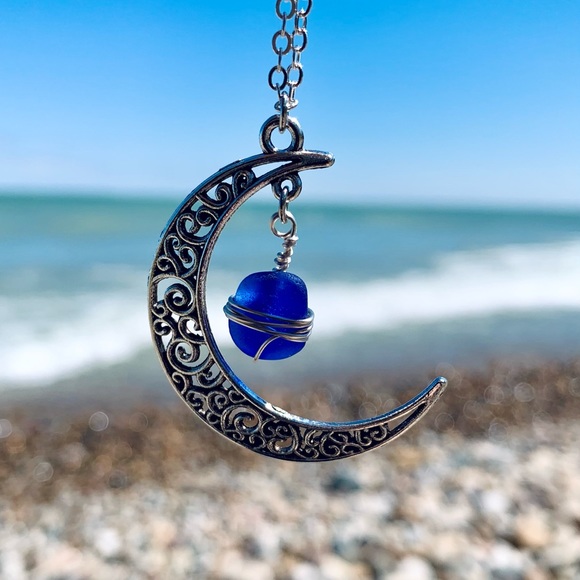 Hand Crafted Jewelry - Cobalt Crescent Moon Seaglass Necklace
